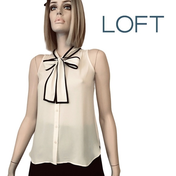 Loft Bow Tie Detail Sleeveless Blouse Button Front Top Shirt Lightweight - Picture 1 of 16